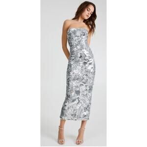 HELSI Platinum Strapless Sequin Midi Gown Dress Size Large NWT+Imperfection